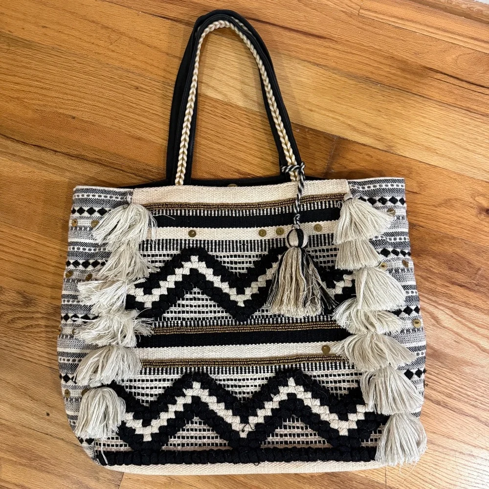 Steve Madden black and white and gold Raine boho Tote woven tassel sequin